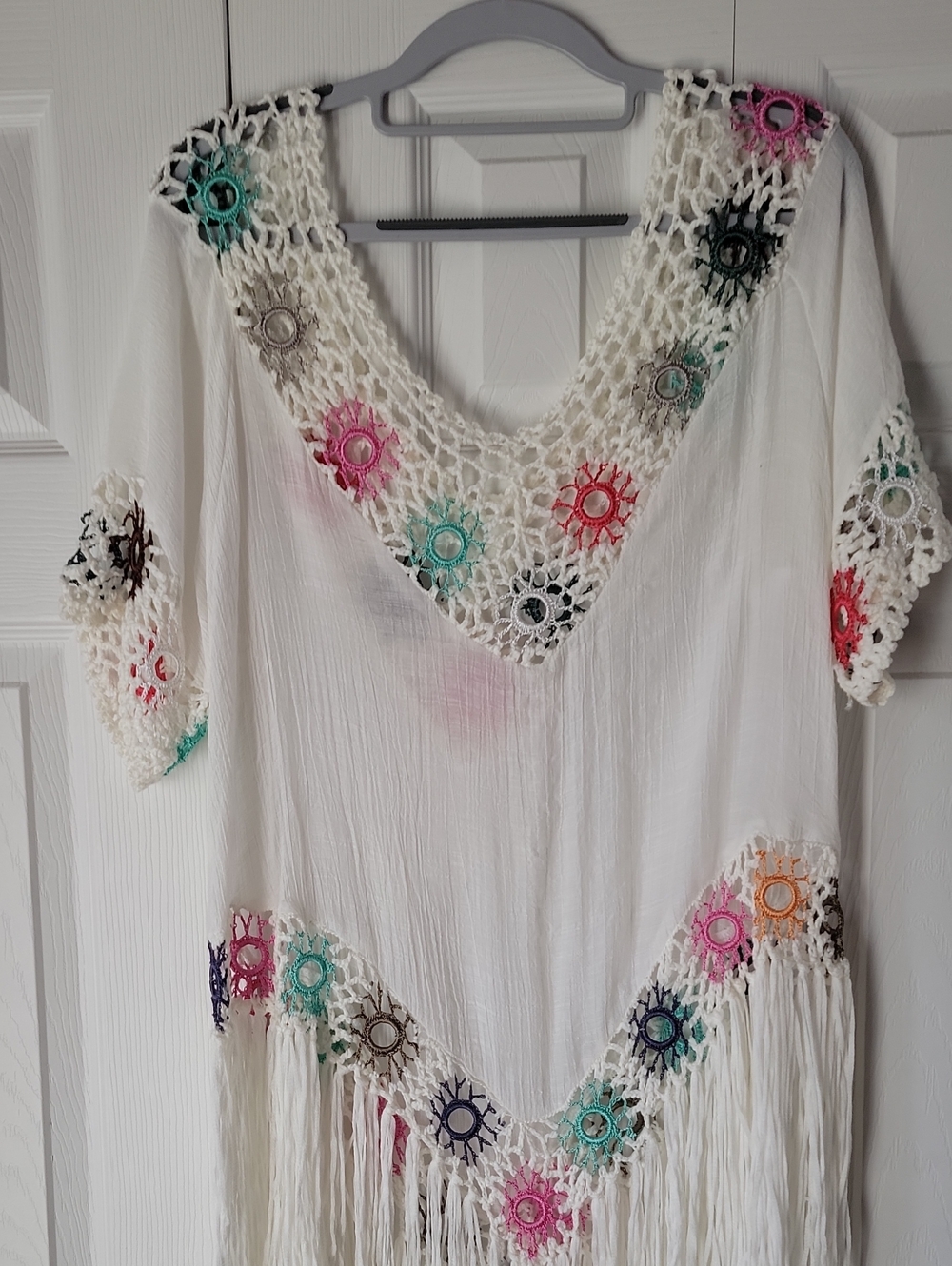 White Crochet Fringe Swim Cover Up with Multicolor Floral Accents